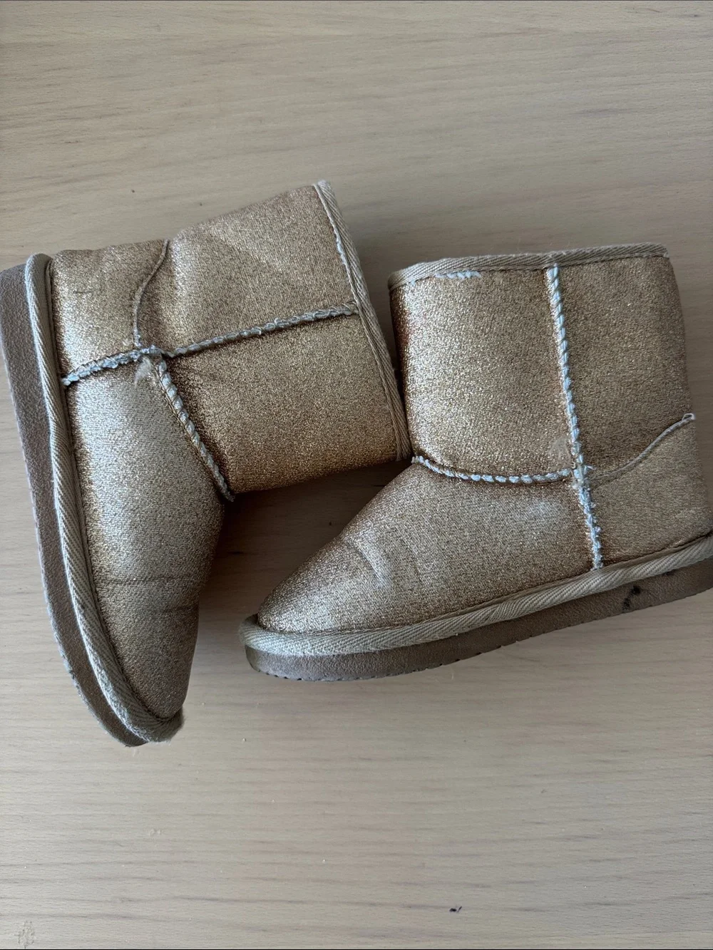 Kids Sparkle Tan golden Boots with Faux Fur Pom Poms